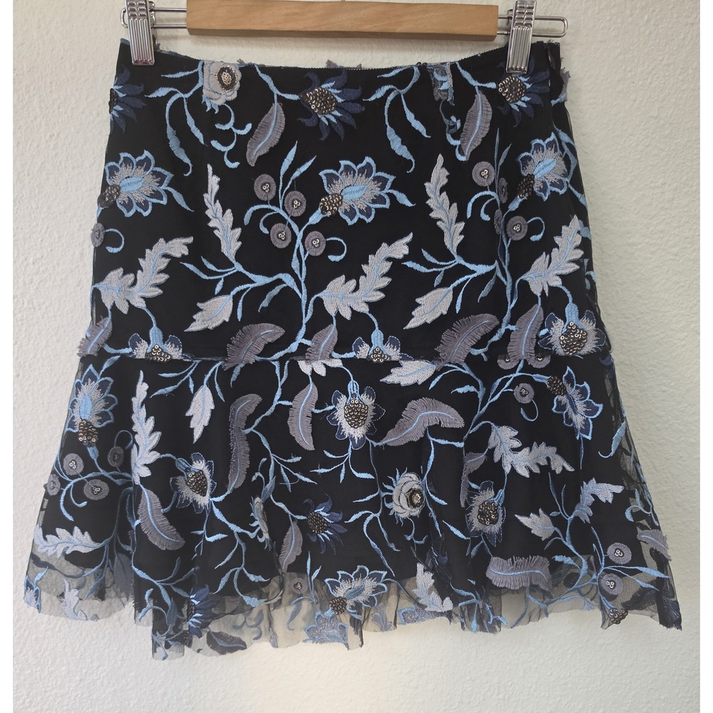 Sandro Mini Skirt Size 2 Black Blue Grey Floral Classic A-Line Embroidery